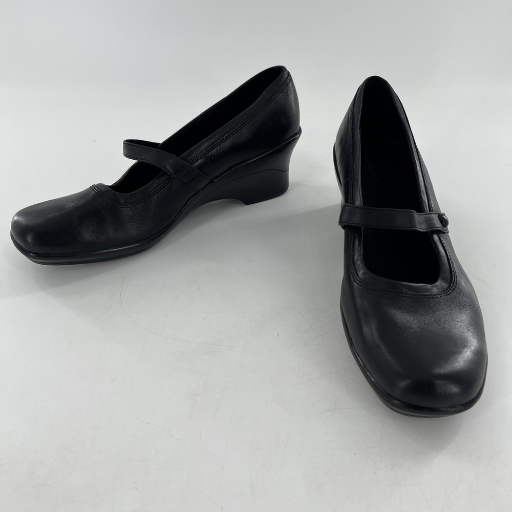 Clarks Leather Mary Jane Pumps Slip On Wedge Heel 8 M Womens Emeraldsea Black - Picture 14 of 16